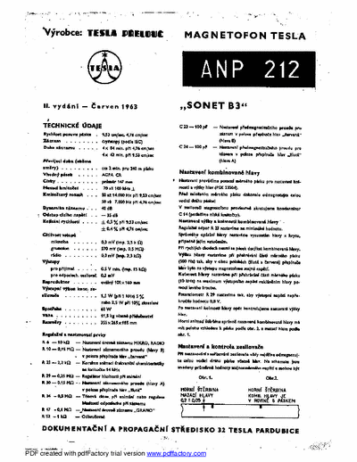 Tesla ANP212 vintage reel to reel tape recorder. Original service guide from Tesla. Czech language only!